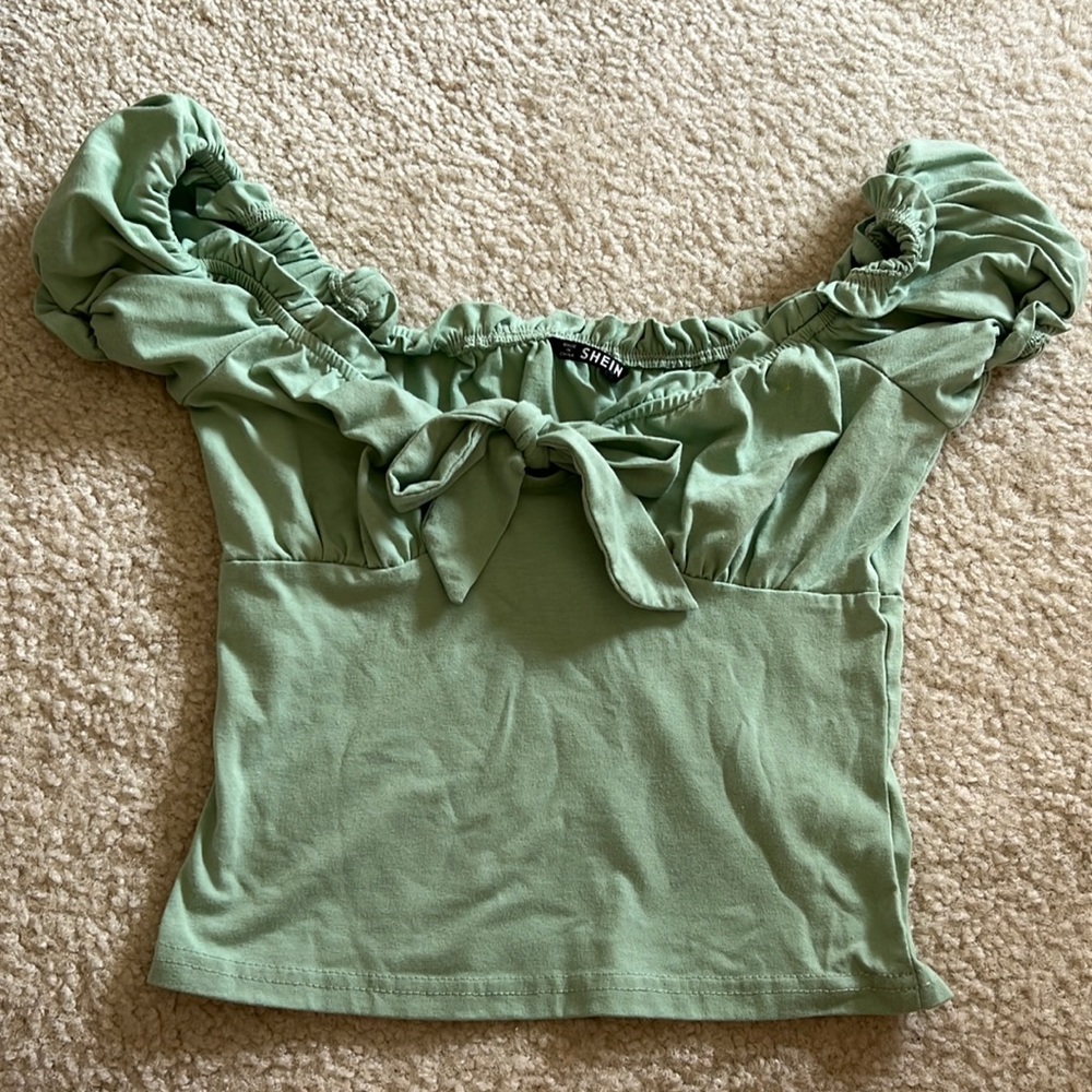 Sage green summer top, ruffle sleeve and tie in front!! Lightly worn